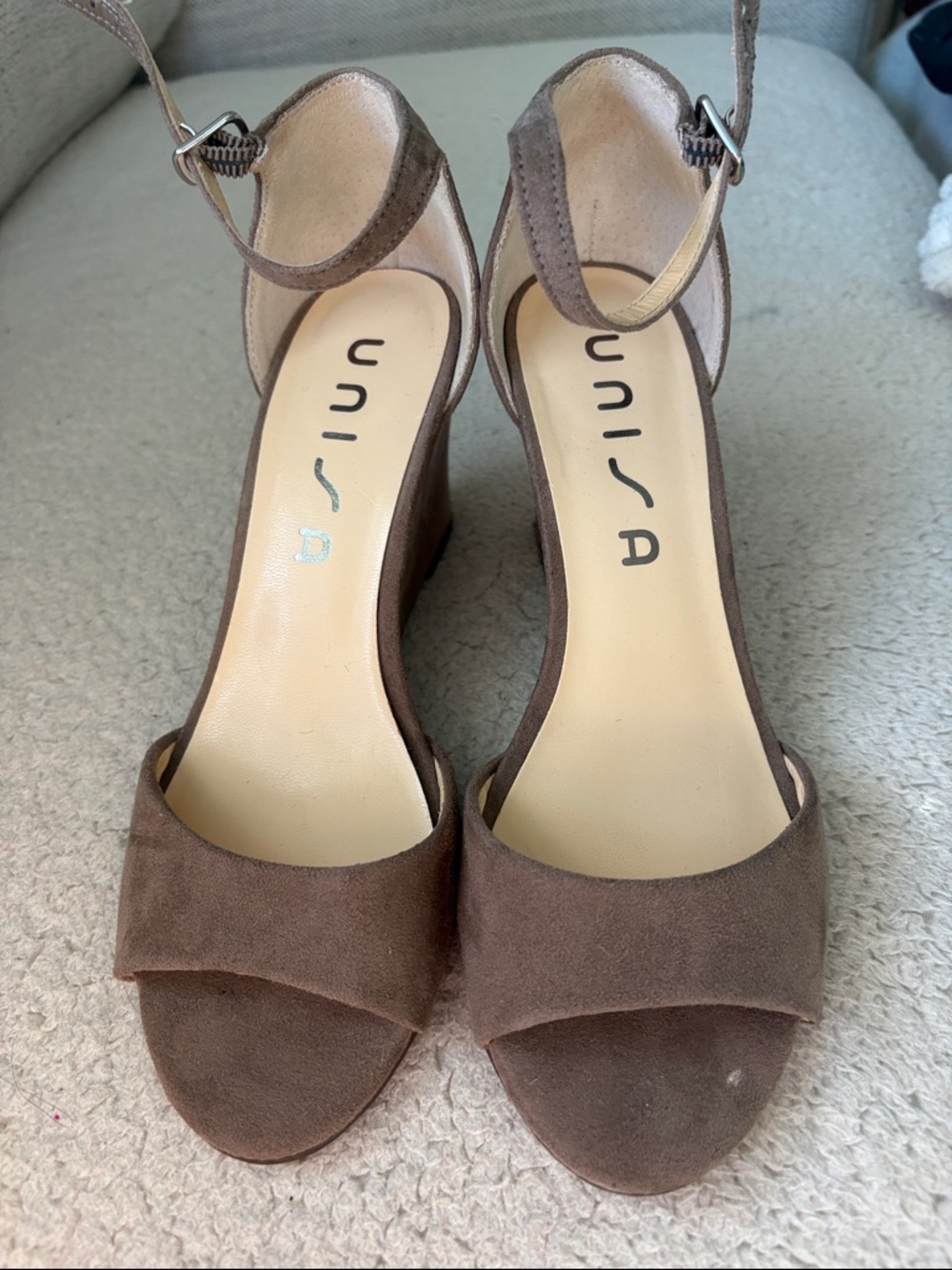 Unisa Taupe Suede Ankle-Strap Wedge Sandals